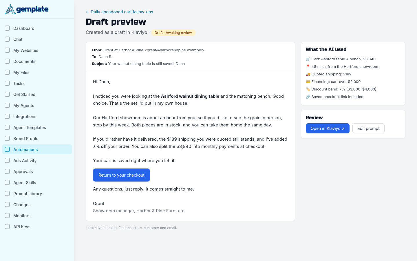 Personalized abandoned cart email draft from a named sender with a showroom invite, financing and a saved checkout link