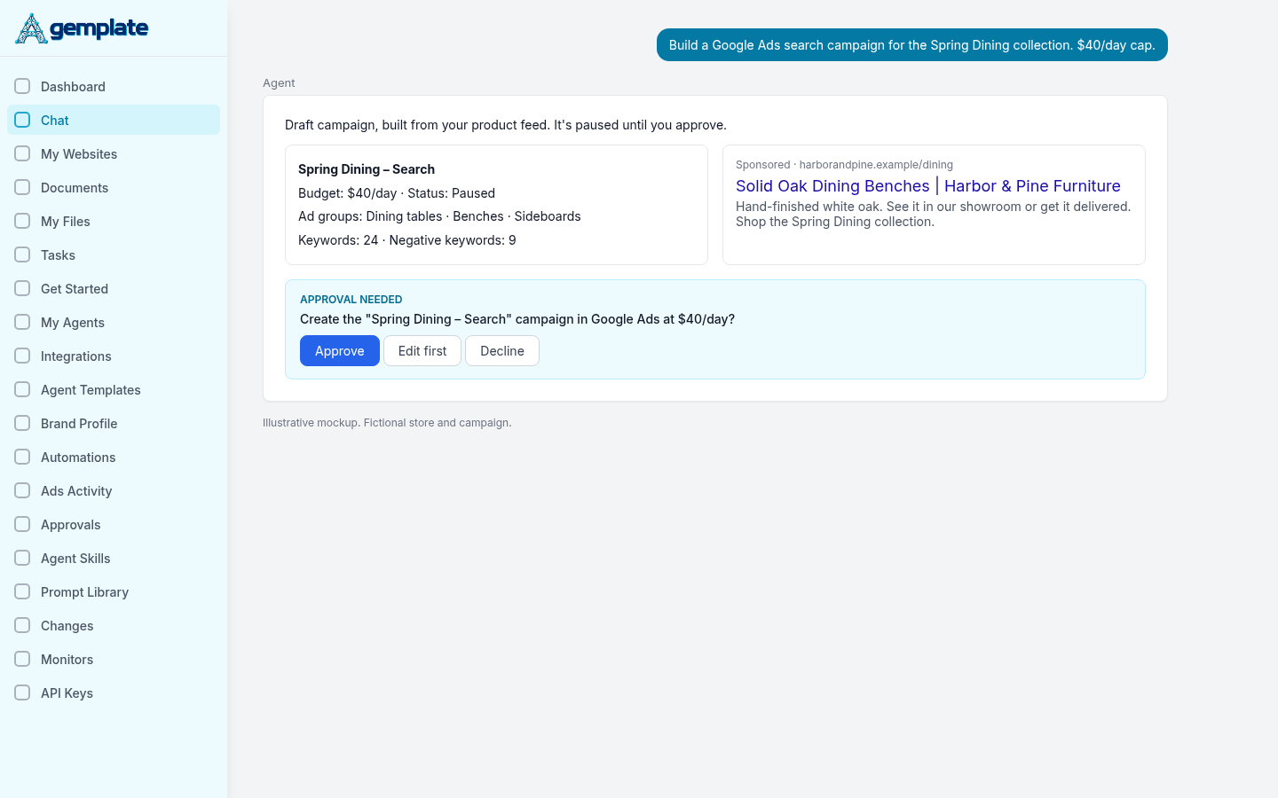 AI agent Google Ads campaign draft built from a Shopify product feed, paused until approved