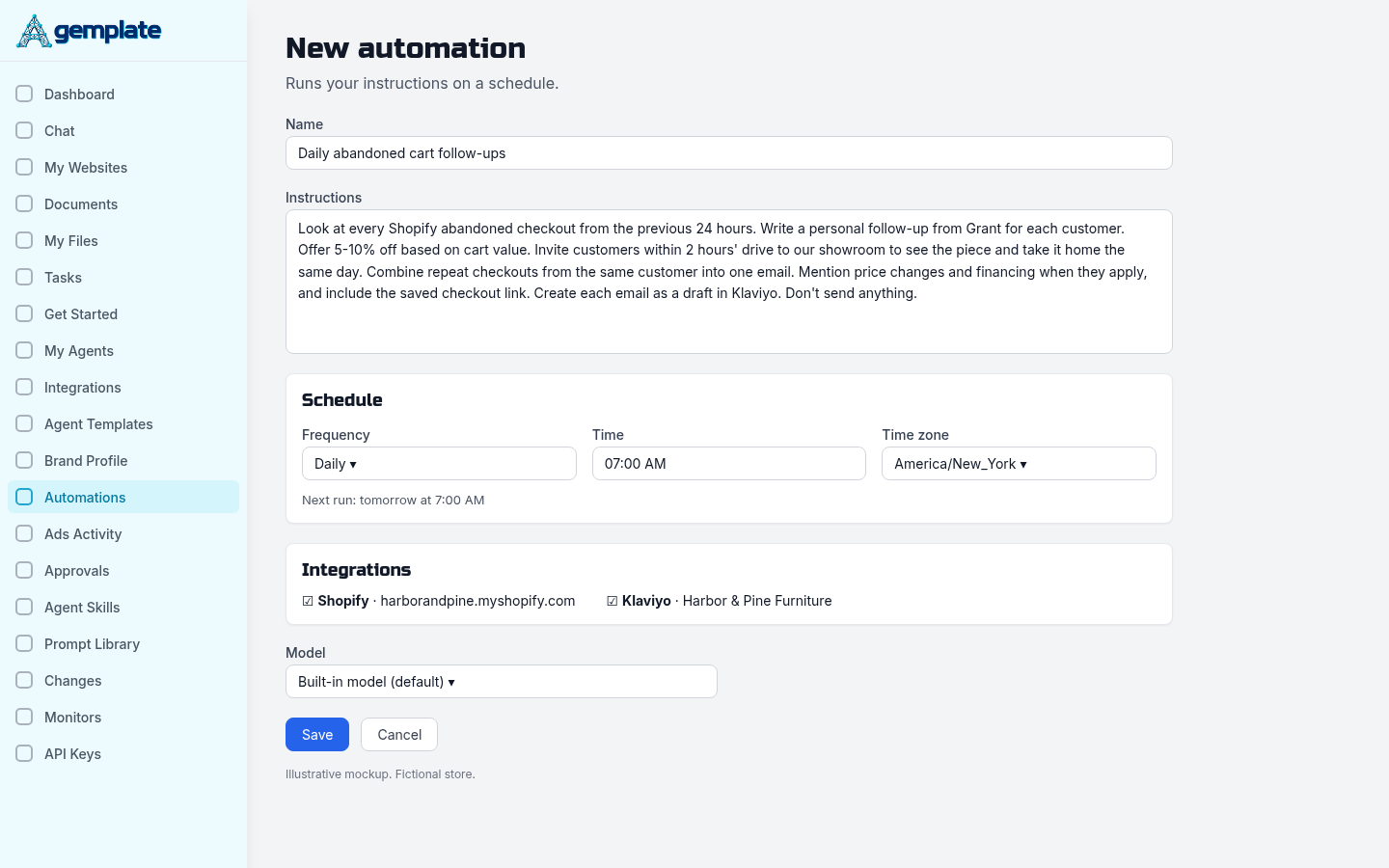 Agemplate automation with a custom abandoned cart prompt and a daily 7 AM schedule