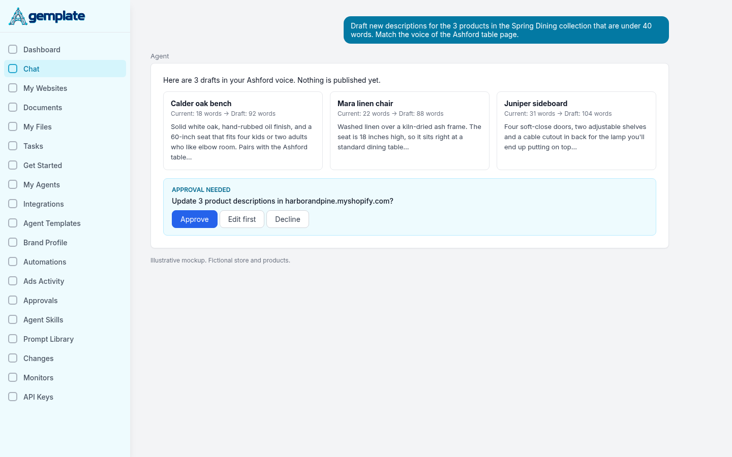 Shopify AI agent drafting new product descriptions in the store voice, waiting for approval